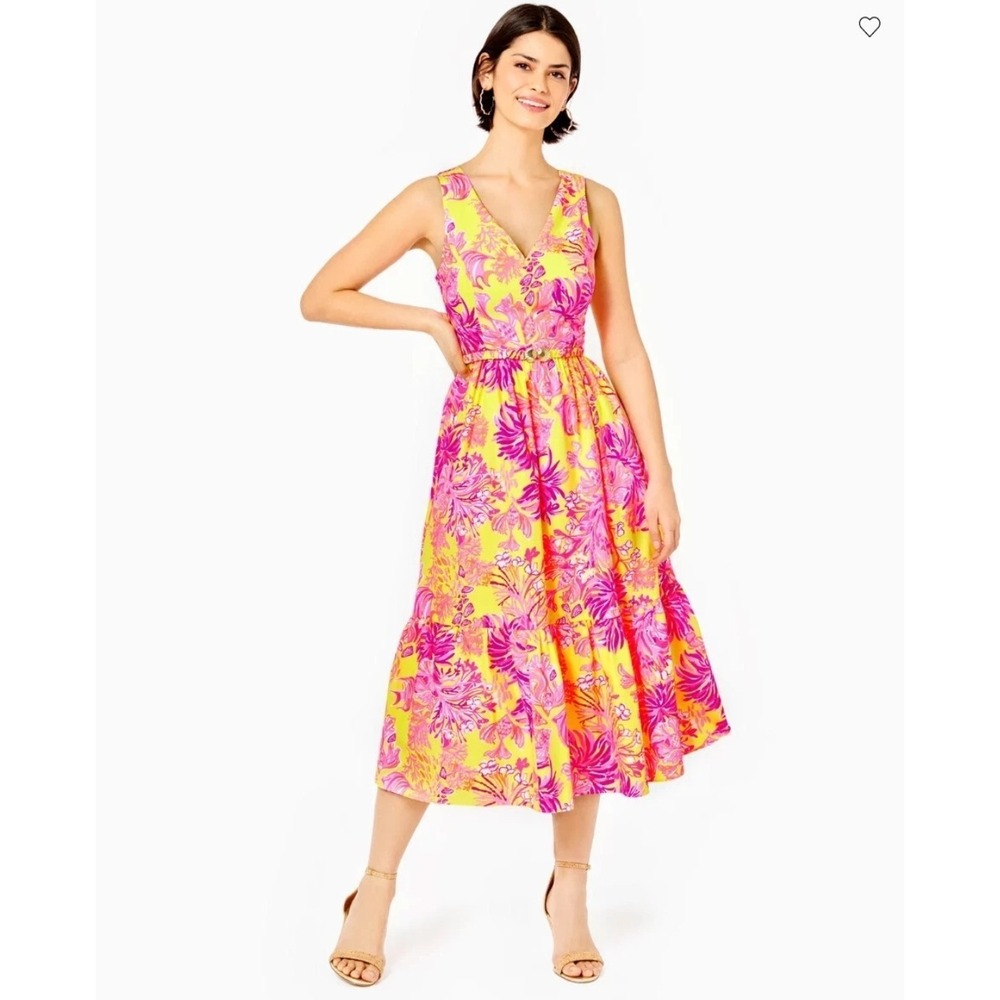 Lilly Pulitzer Bri Calla Yellow/Coral Midi Dress Gold Shell Buckle Belt Prep 10